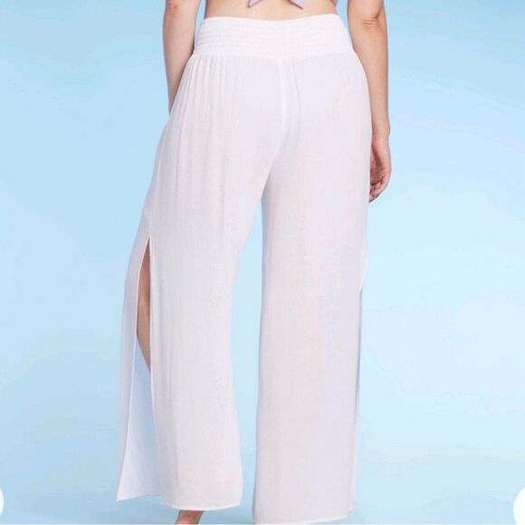Shade & Shore White Smocked Waist Side Slit Cover-Up Pants | Large | Swim - Picture 2 of 10